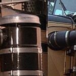 Close-up comparison of the 1973 and 1974 Bandit trucks highlighting the gold and chrome Kenworth emblems and different air cleaners.