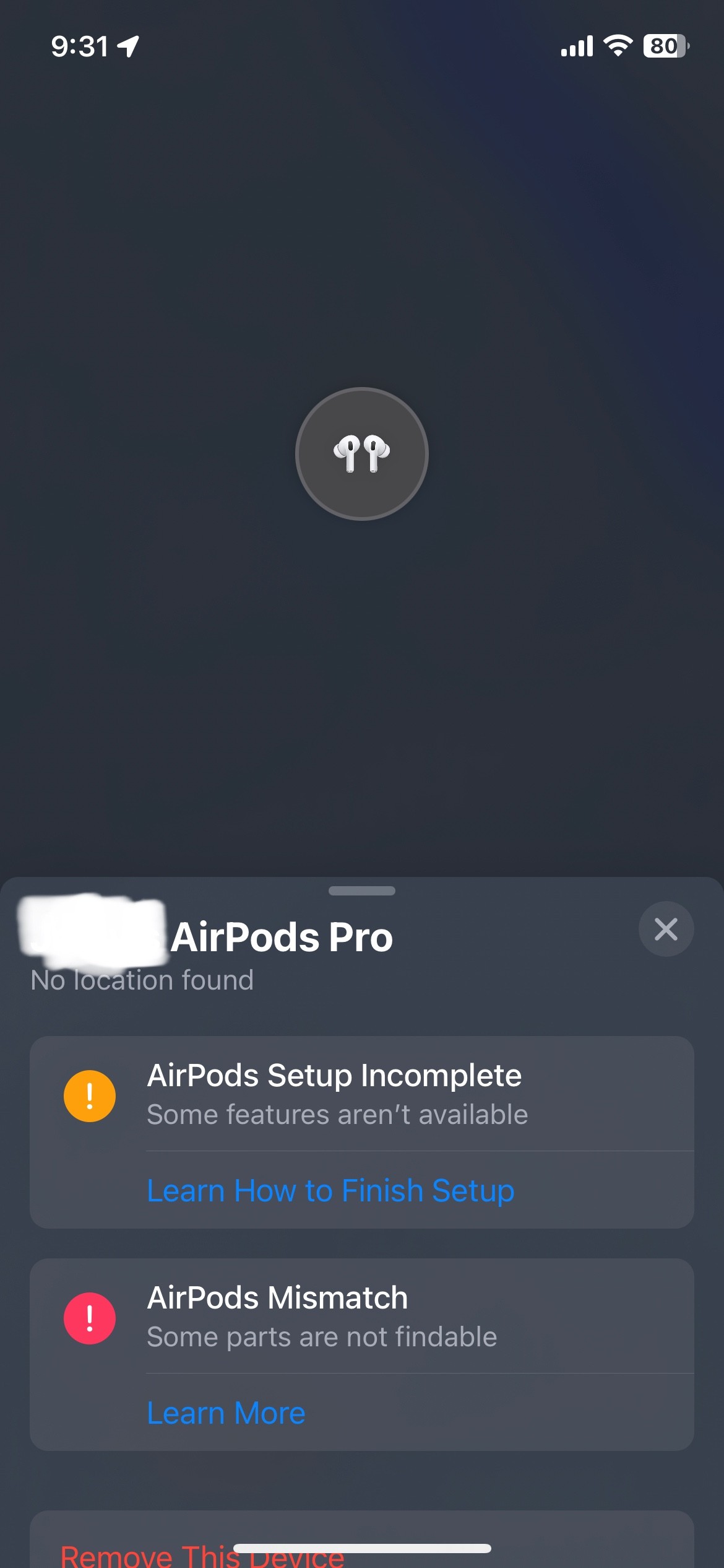 Find My settings on iPhone for AirPods Pro 2