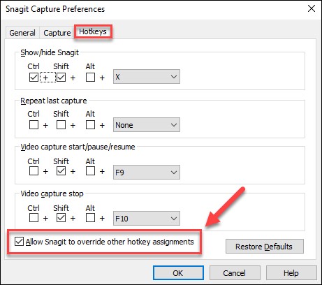 Snagit Capture Preferences window, Hotkeys tab is selected, and the "Allow Snagit to override other hotkey assignments" checkbox is highlighted.