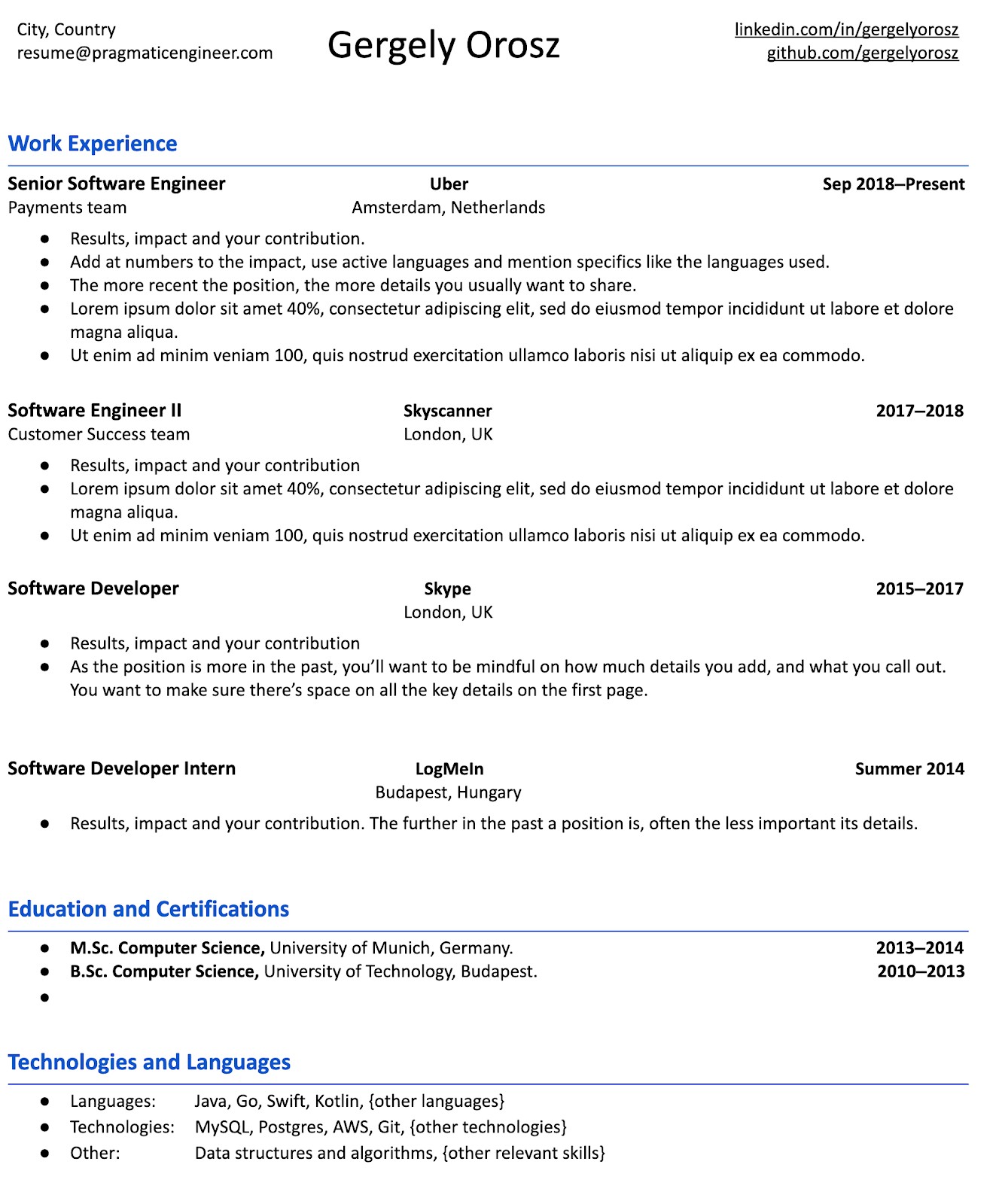 Example of a well-formatted resume template highlighting key information such as skills, experience, and contact details