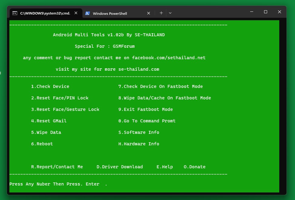 Android Multi Tools v1.02b interface displaying the tool's features for unlocking and resetting Android devices.