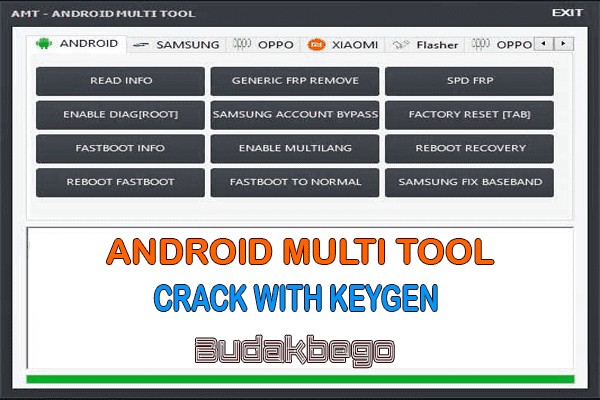 Android Multi Tool software interface displaying various phone repair options for FRP removal, factory reset, and account bypass.