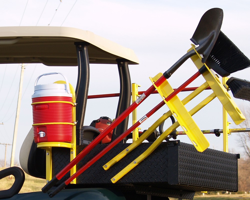 Club Car utility box with 5 piece tool rack attached for organized tool storage.