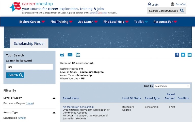 Screenshot of the Career One Stop Scholarship Search Tool interface, filtered by Bachelor's Degree, Scholarship, and the keyword “art” to demonstrate effective filtering for targeted results.