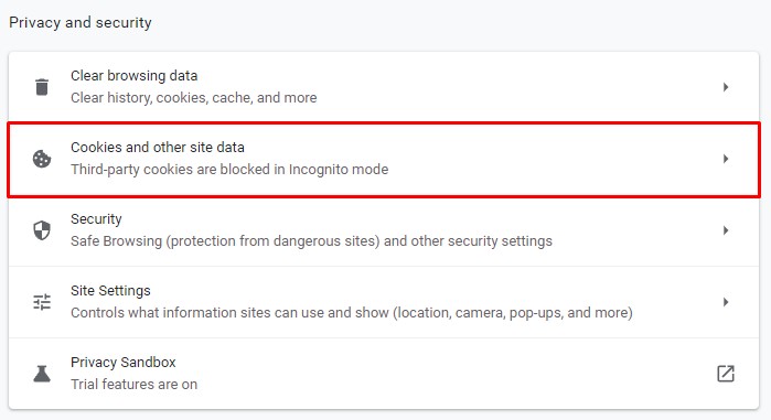 Cookies and other site data settings on Google Chrome.