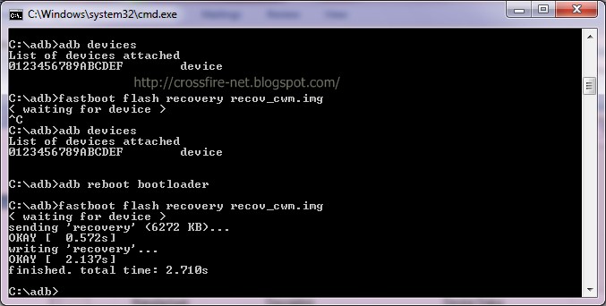 Command Prompt showing fastboot flash recovery command