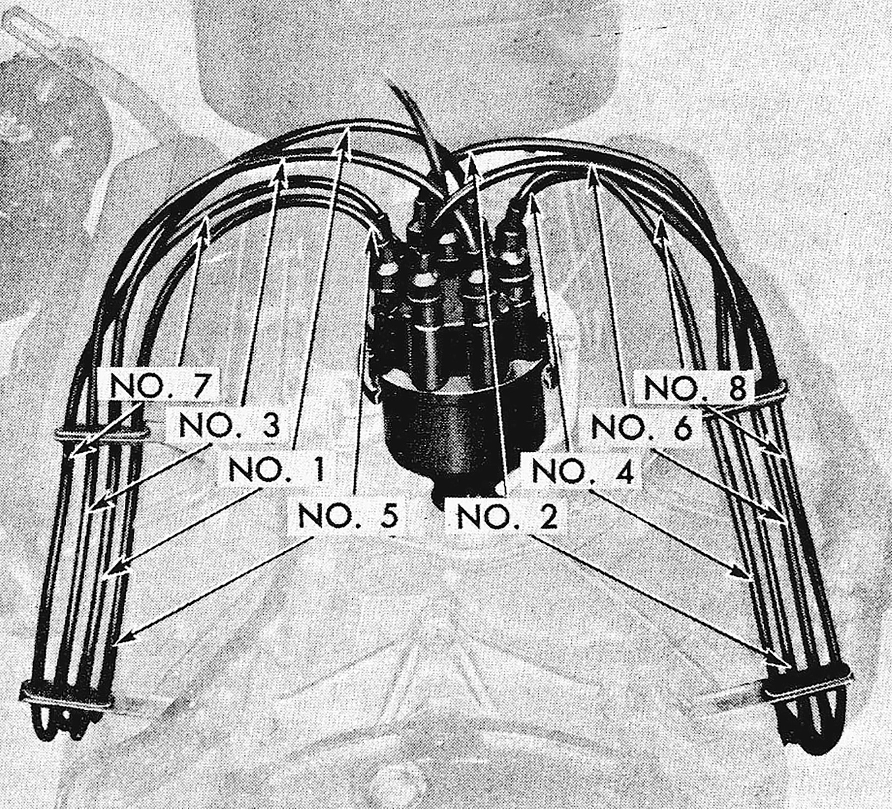 Spark plug wires are plugged into the distributor cap