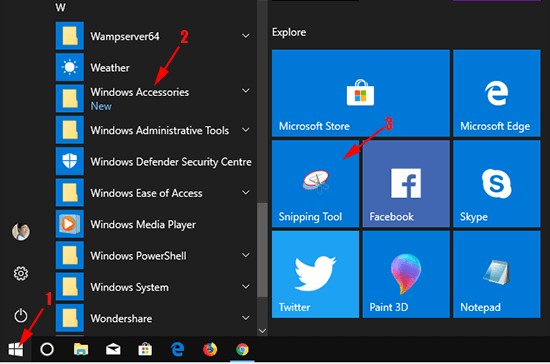 Start Menu showing Windows Accessories and Snipping Tool highlighted.