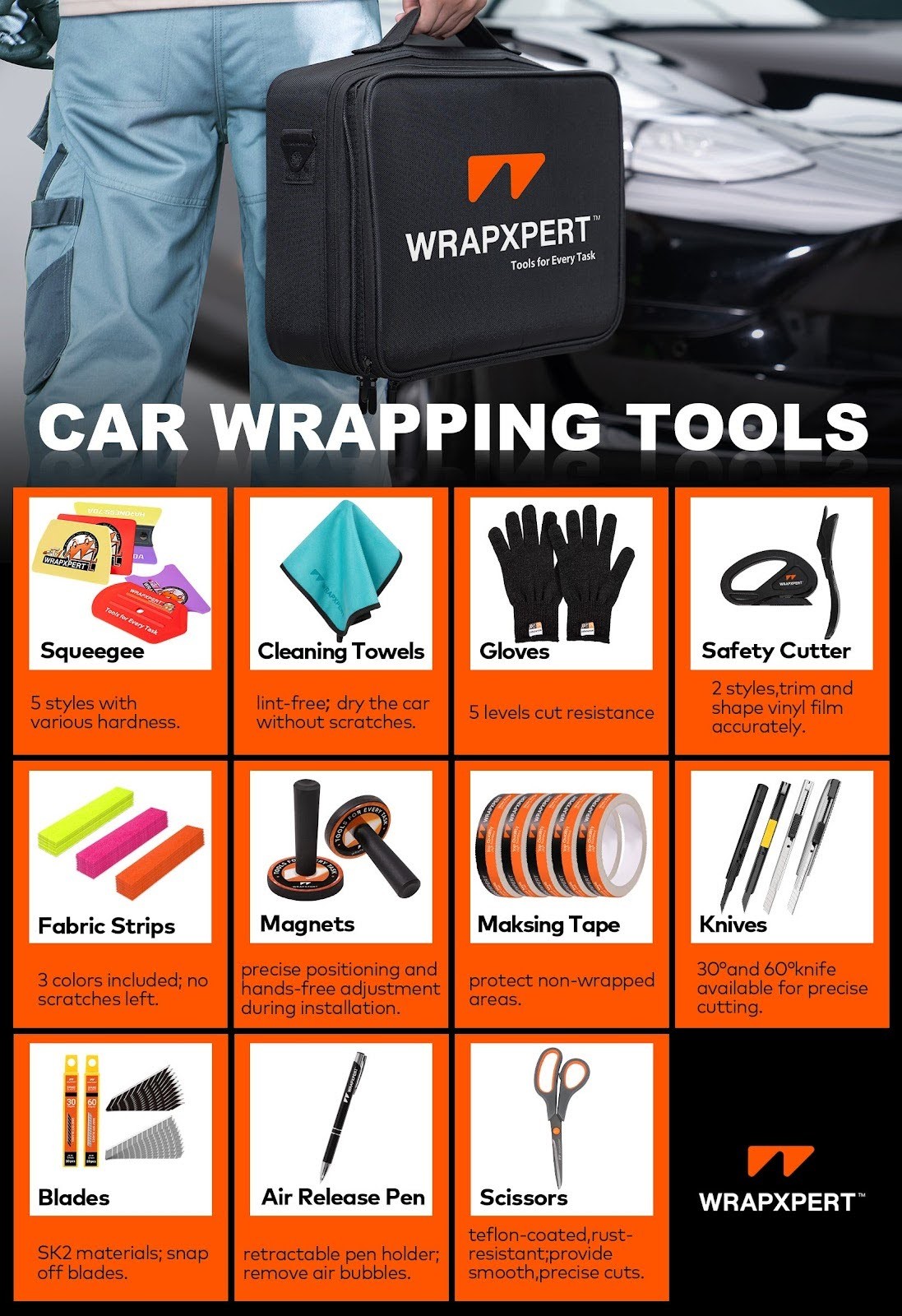 Car wrapping tools images: A complete kit featuring a variety of squeegees, precision cutting tools, and essential application accessories for professional vinyl car wraps.