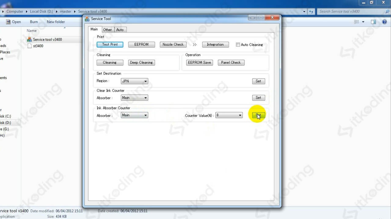 Options in Canon MP237 printer resetter application