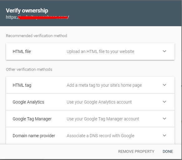 Choose verification method in Google Search Console