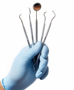 Dental instruments used by a professional hygienist, including scalers and curettes.