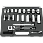 A comprehensive socket set with various sizes and ratcheting wrench for efficient car repairs in a workshop setting