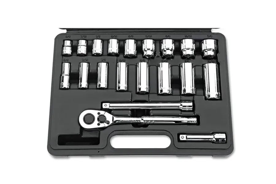 A comprehensive socket set with various sizes and ratcheting wrench for efficient car repairs in a workshop setting