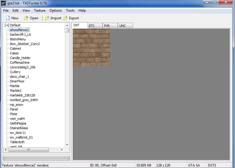 TXDFucker software interface on PC, displaying a list of texture files from GTA San Andreas.