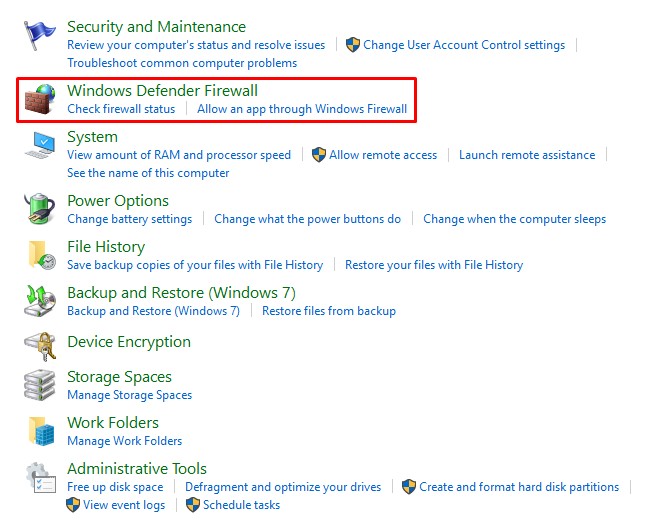 Windows firewall settings on the control panel