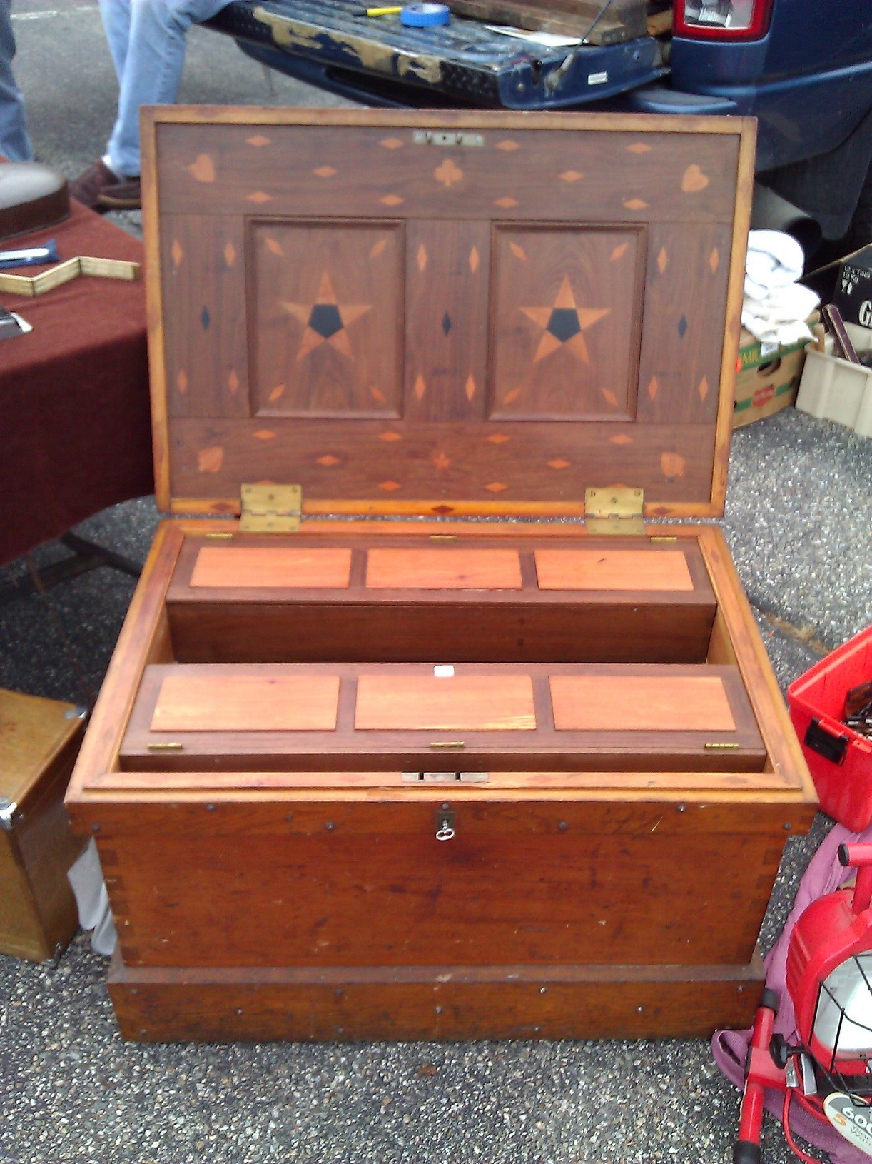 Beautiful Tool Chest from 1849 with extensive inlay work, divided tills, half lock etc