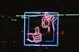 blue and red neon light signage