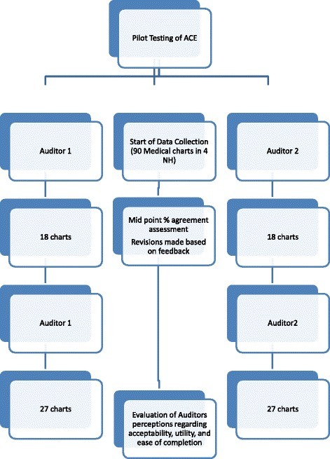 Phase III protocol flow chart depicting participant recruitment, chart audit process, and data analysis steps for the ACE instrument validation.