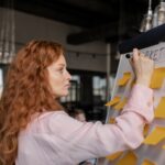 Woman brainstorming child care marketing strategies on a whiteboard with sticky notes