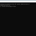 Command Prompt showing administrator rights and commands for taking ownership and granting permissions to a system file