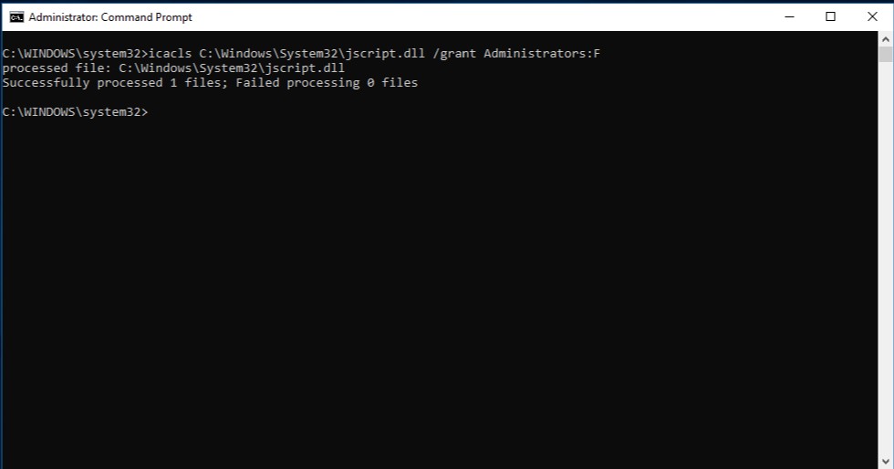 Command Prompt showing administrator rights and commands for taking ownership and granting permissions to a system file