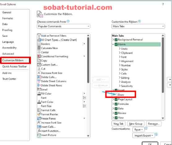 Enable Excel Drawing Tool: Check the 'Draw' box in Excel Options > Customize Ribbon