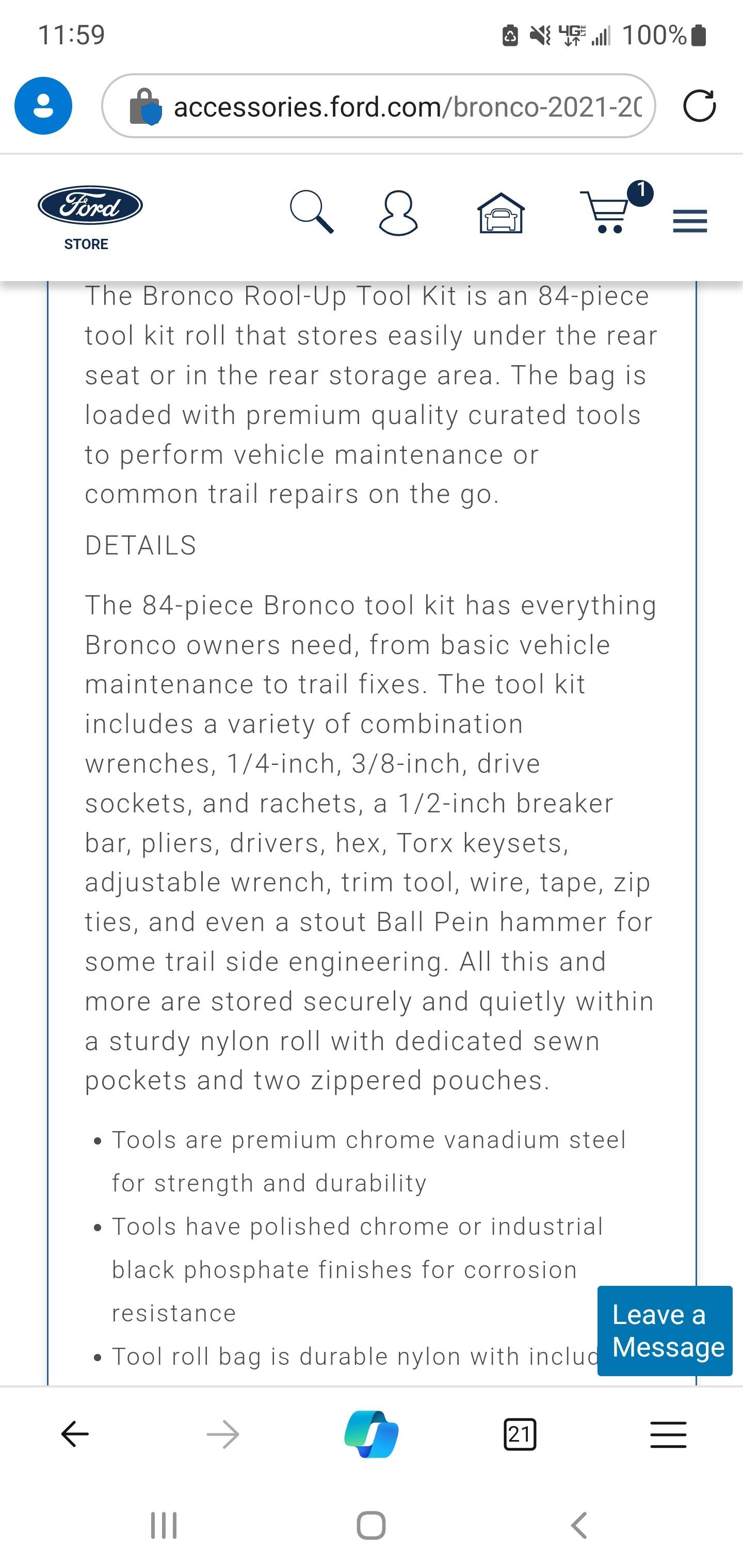 Screenshot of Ford Website mentioning Torx keysets